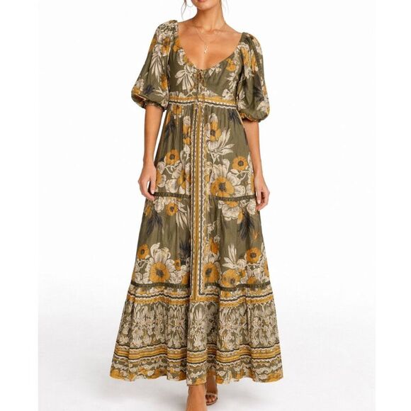 Angie Dresses & Skirts - Angie Boho Floral Maxi Dress Olive Green Puff Sleeve Cottagecore Size Large